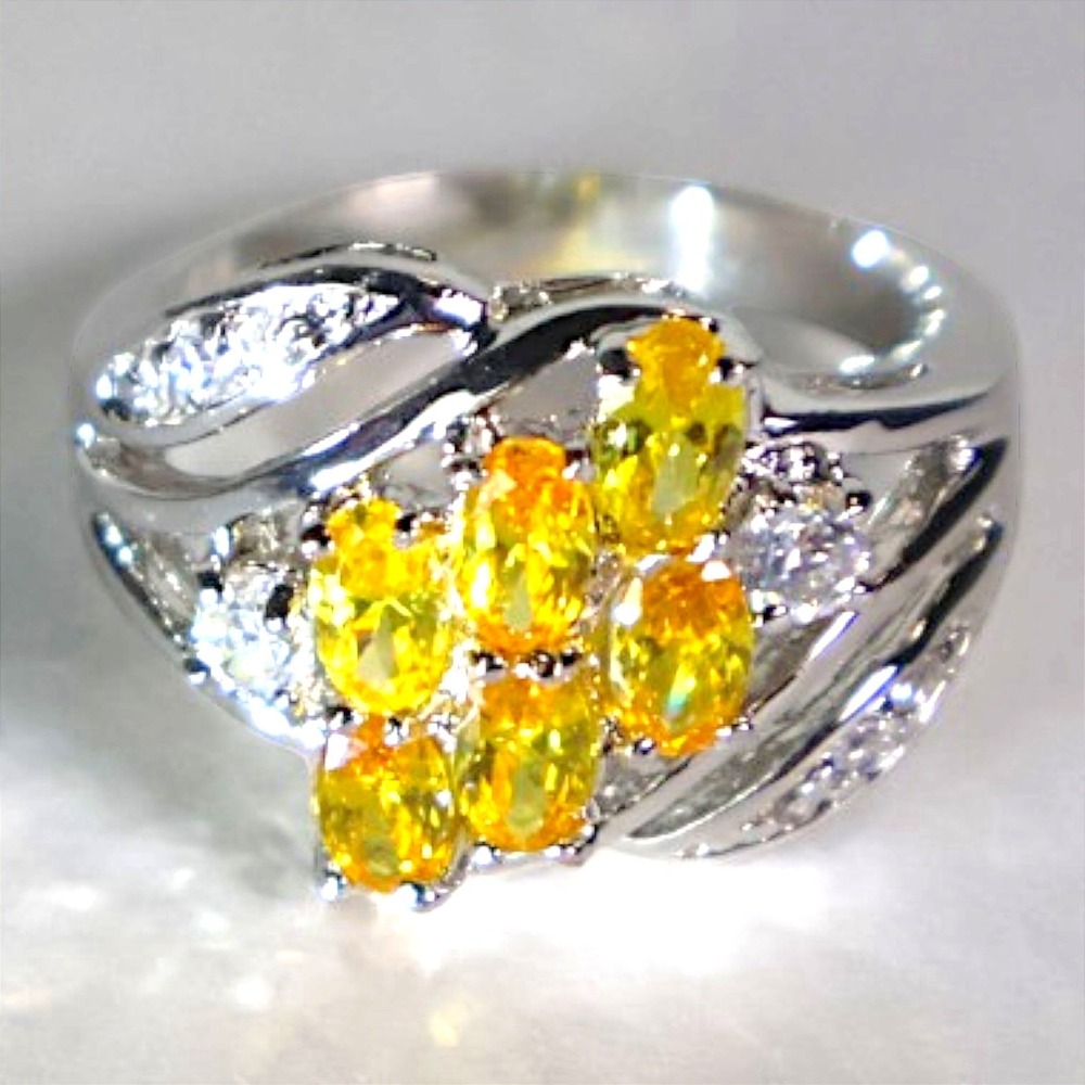 Swarovski Crystal Yellow Oval Cluster Ring Silver Overlay Brass Size 8 New